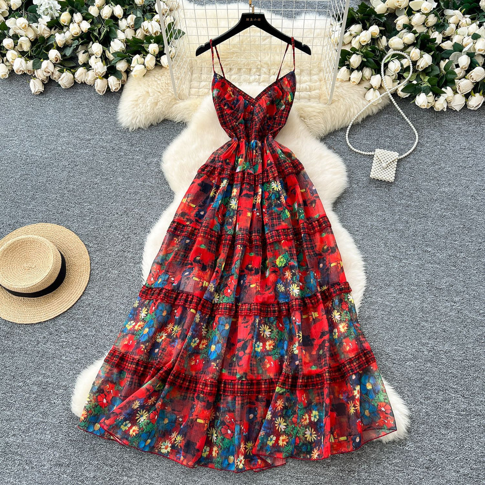 Luxury camisole dress for women -  summer collection: floral print, cinched waist, elegant, maxi length, french style