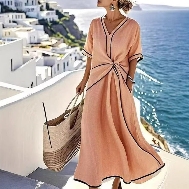 european and american women's clothing: new summer collection - polished bohemian style, elegant v-neck, slimming, vacation-ready dress