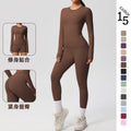 Ready-to-ship cross-border double-sided brushed solid color compression training long sleeve yoga set - activewear running fitness two-piece outfit