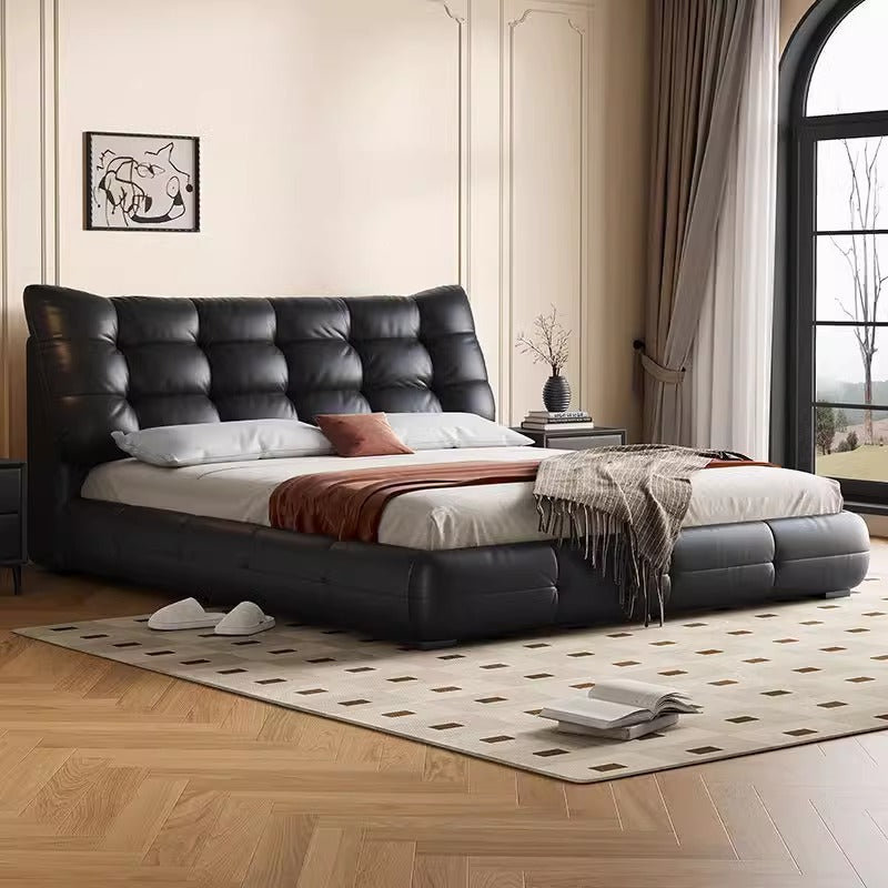 Italian normcore first-layer cowhide genuine leather bed modern casual large master bedroom 1.8m double wedding bed