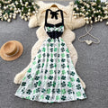 Retro style halterprintingbacklessdress women's summer sleeveless tie back high waistslimming lookelegant a-line skirt