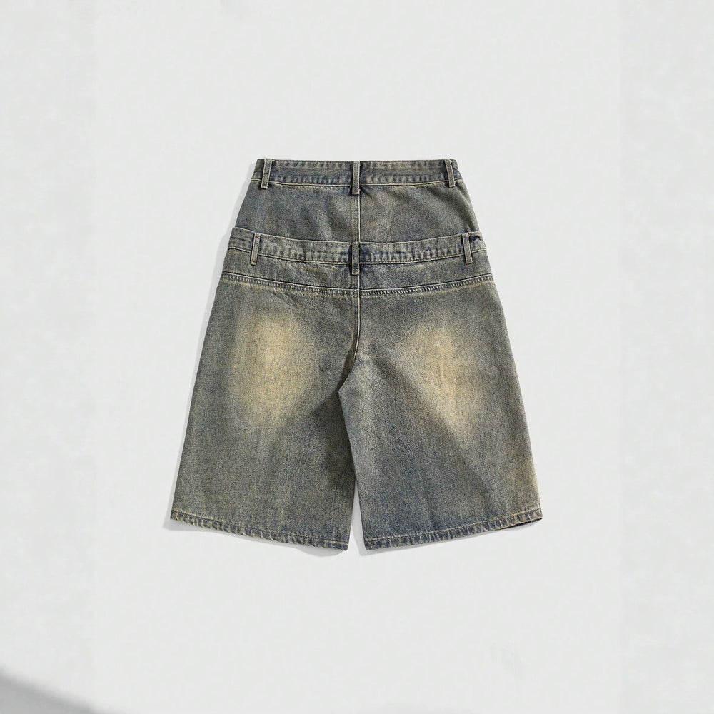 European and american style women's denim shorts - vintage american retro letter patch double-layer waistband loose fit streetwear hip-hop denim shorts