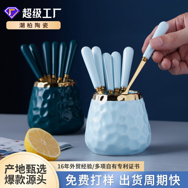 Nordic electroplated fruit fork set with custom ceramic storage jar, christmas stainless steel fruit picks, logo and text personalization