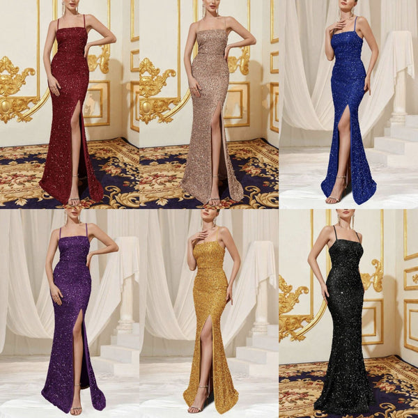 New European and American   women's clothing high waist sexy sequins split bridesmaid dress dress suspender evening dress