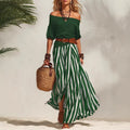 spring/summer new european and american cross-border nautical resort style off-shoulder top and slit skirt women's set