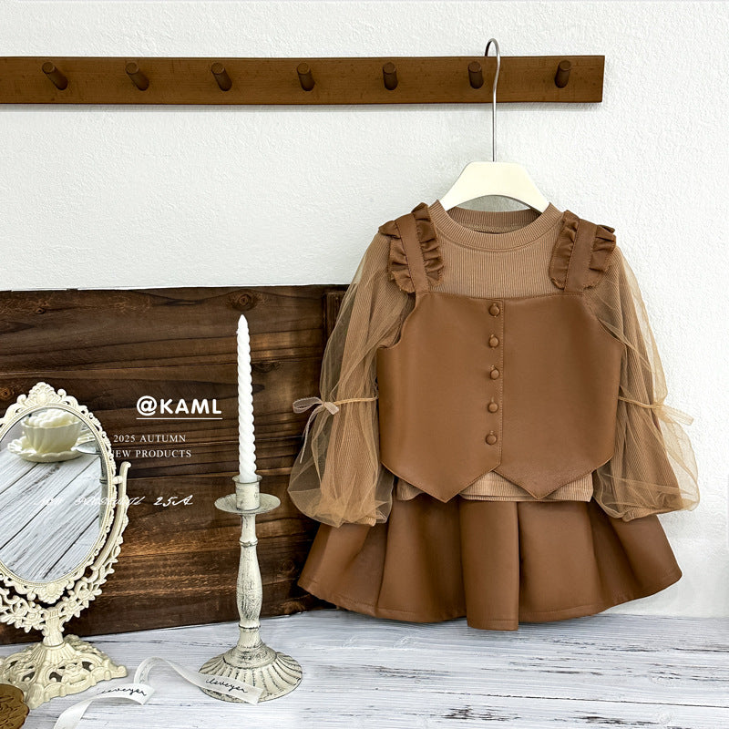 Girls' fall outfit : stylish three-piece leather set for little girls - trendy autumn fashion with chic base layers for kids