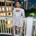 European and american cross-border women's fashion: new  style, trendy patchwork, sexy hot girl, hand-knitted distressed hollow-out tassel skirt set