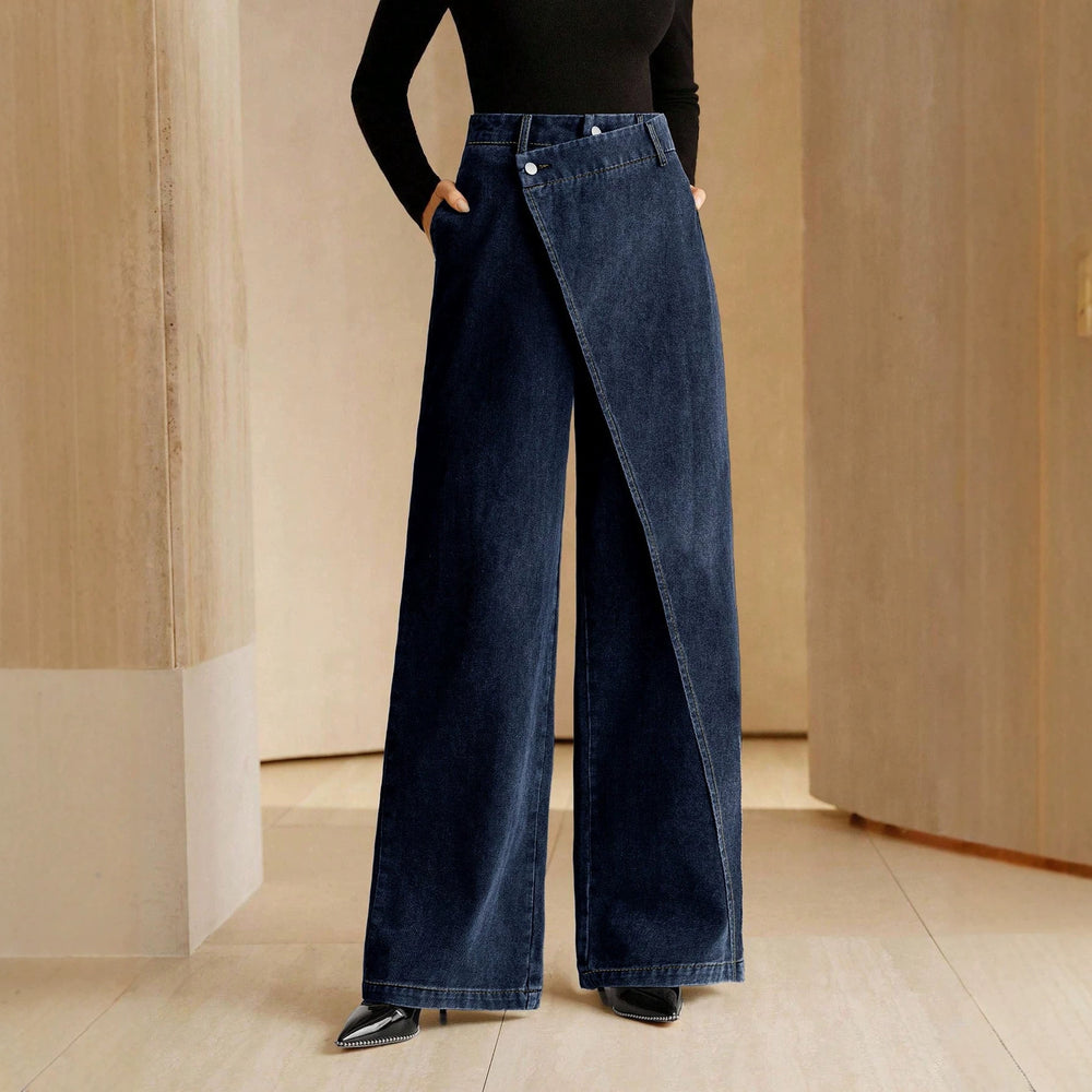 Fashionjeans women's diagonal buckle wrap wide-leg pants high waistdrapedloosestraight-leg denim pants work clothing women's clothing