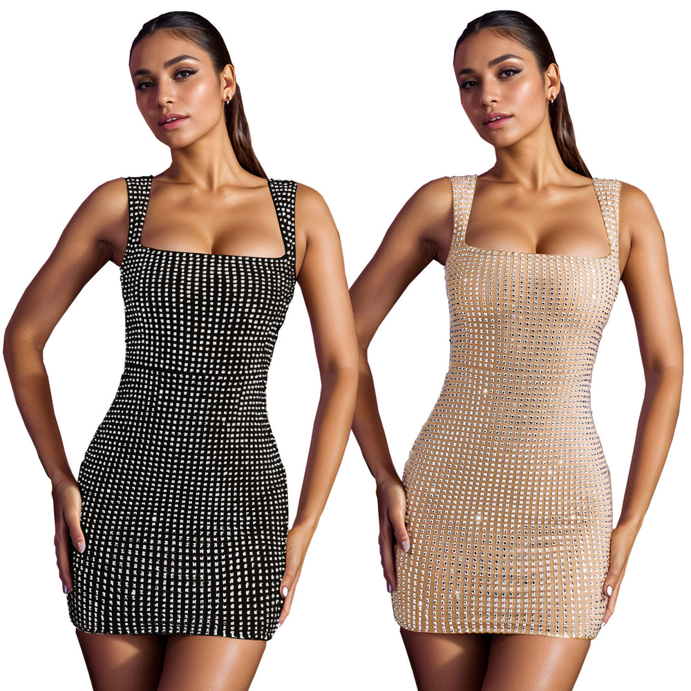 C7109 cross-border   fashion women's hotfix rhinestone camisole sexy slim-fit evening party dress