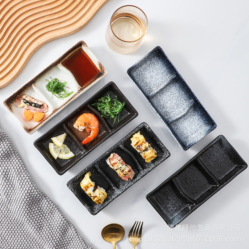 Japanese-style ceramic three-compartment dish - sauce, snack, and vegetable plate - rectangular sushi plate - restaurant-grade wholesale from manufacturer