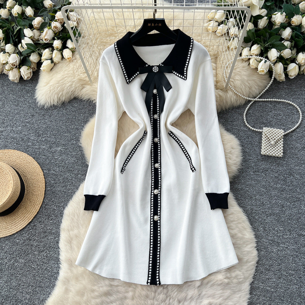 Xiaoxiangfengclassyfashionablecontrast color lapelbowssingle breasted waist slimming lookelegantknittingdress women