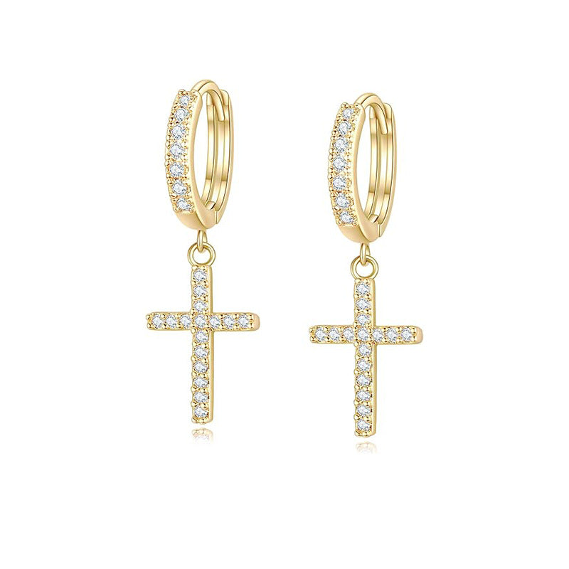 European and american high-end s925 sterling silver ins cross earrings, full zircon personalized stud earrings, trendy and versatile for men and women