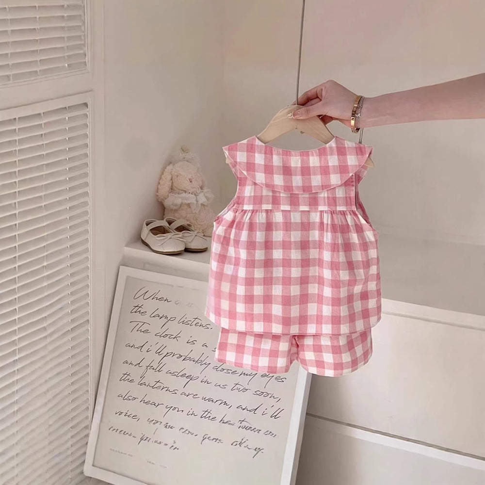 【dropshipping】baby girl summer outfit set - lightweight princess style plaid tank top and shorts set for toddlers