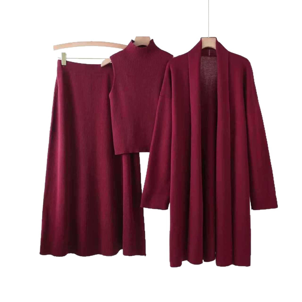 Korean style casual knit sweater set for women - new autumn/winter collection: high neck vest, midi skirt, and inner layer three-piece set