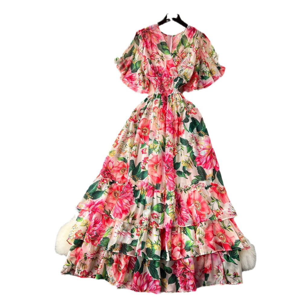 Light mature style women's resortdress2024summernew arrival waistelegant drape large swing floral chiffon skirt