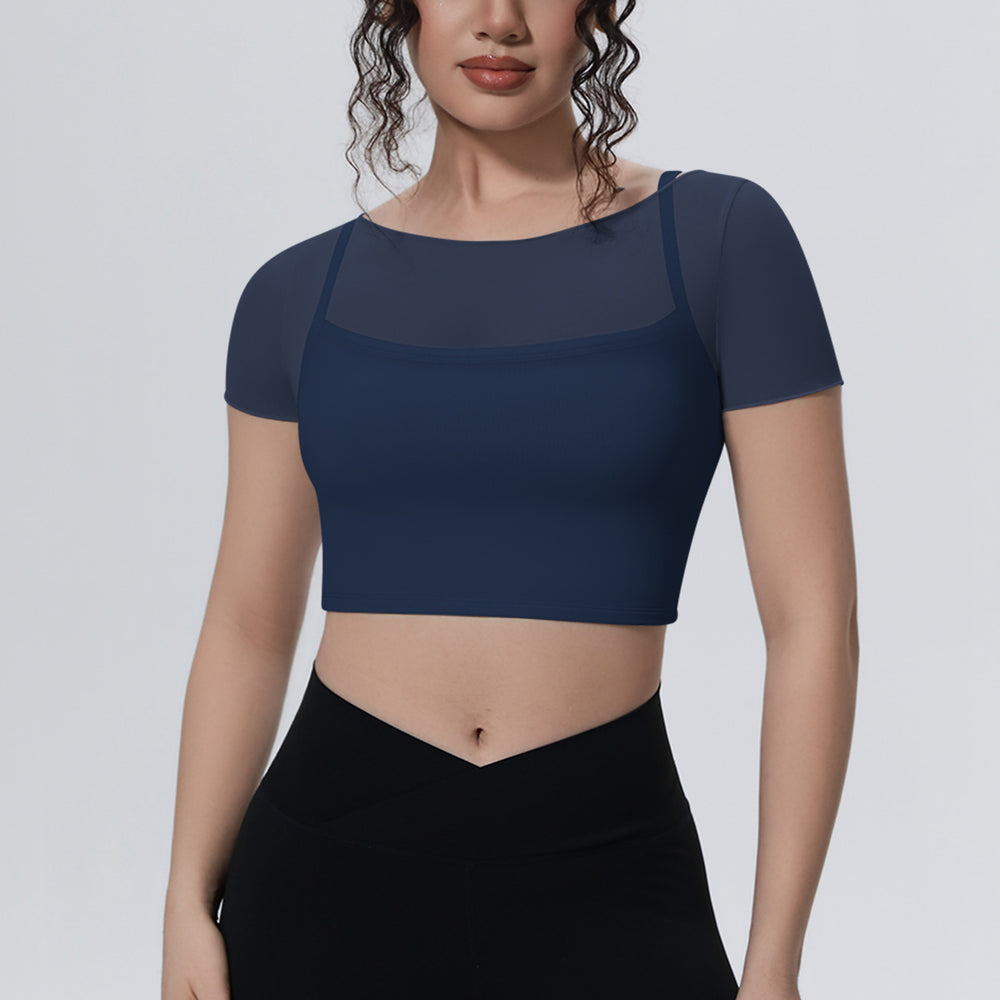 New arrival: solid color mesh double-layer breathable faux two-piece short sleeve top - perfect for casual wear, sports, running, fitness, and yoga