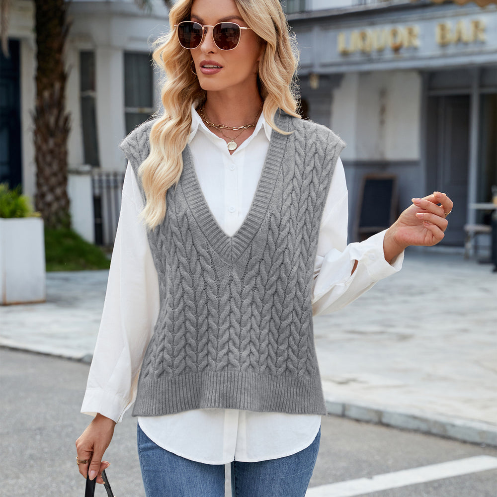 Fashion cross-border export  independent station new arrivalvest retro twist pullover shirt v-neck sleeveless sweater for women