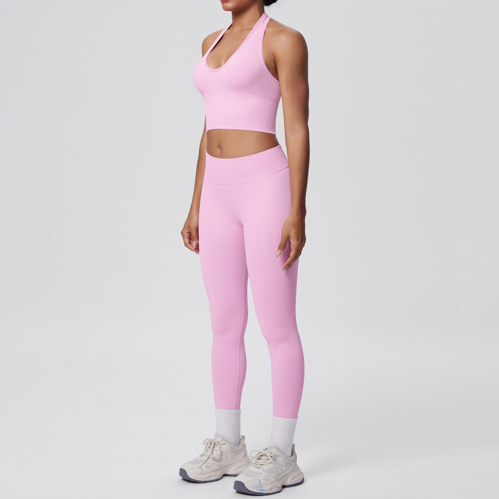 fashion seamless halter neck back yoga suit running sports fitness yoga suit two-piece set for women