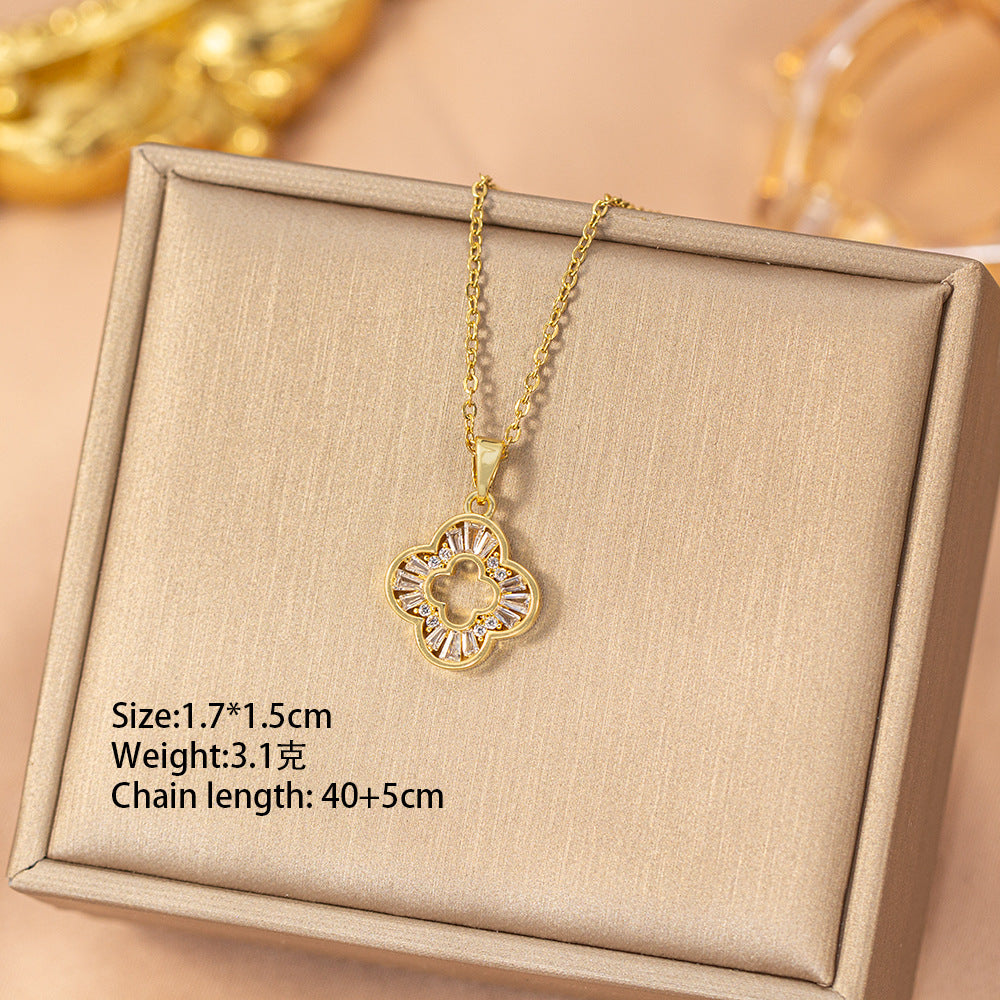 [titanium steel] best selling accessible luxury copper inlaid zirconium four-leaf clover necklace for women, non-fading, fashionable, versatile, high-end clavicle chain