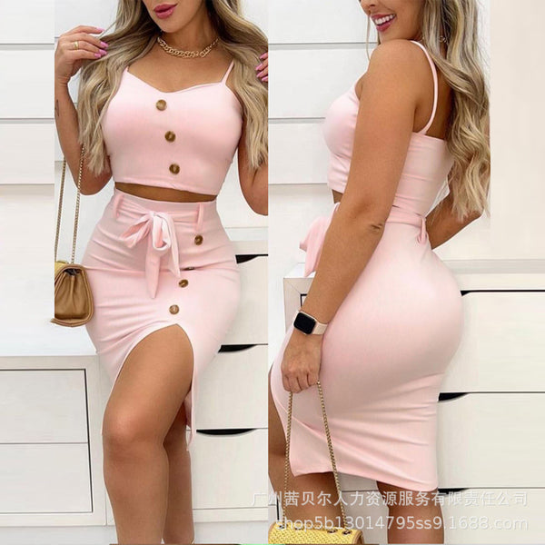 New product 2022 European and American new suspender button decorative top + split skirt set