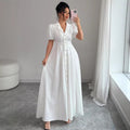 new french-style elegant fitted v-neck white maxi dress
