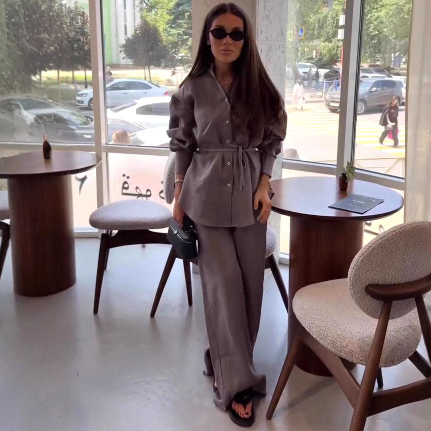 Cross-border European and American long-sleeved casual lapel cardigan slim-fitting shirt trousers women's  fashion new women's clothing two-piece set