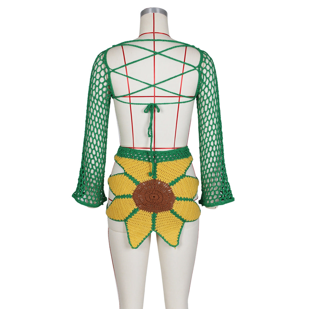 Hot-selling european and american women's beach outfit for independent stores: sexy hand-crocheted sunflower fashion set