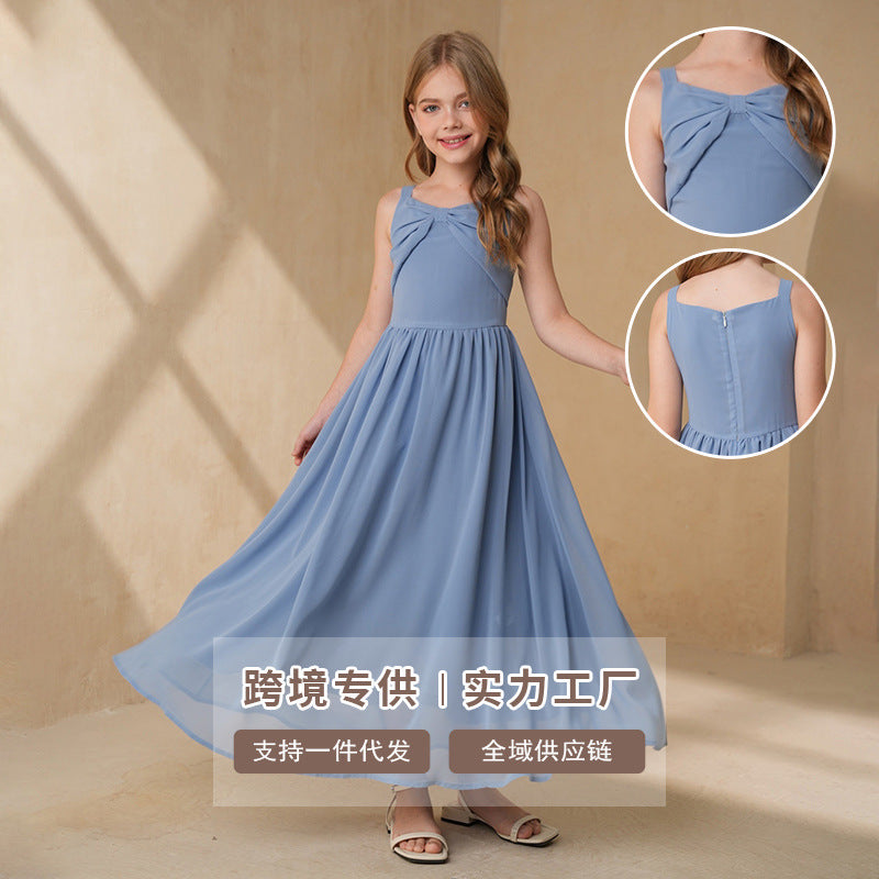 Girls' summer chiffon halter sleeveless dress - perfect for piano recitals, fashionable vacation style, simple and ready to ship