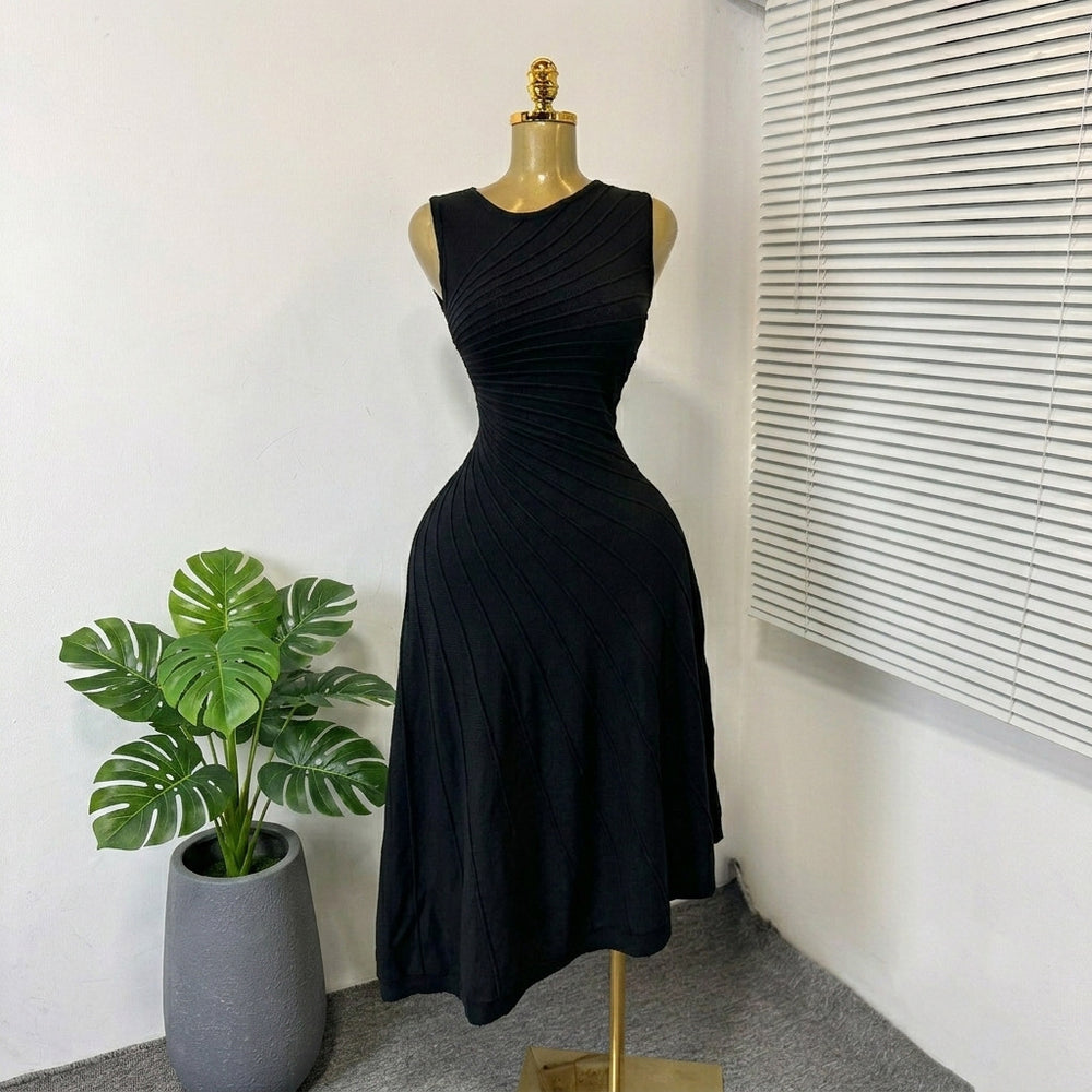 French sleeveless knittingdress women's water ripple hip cover long skirt summer slant neck ice silk asymmetrical a-line skirt