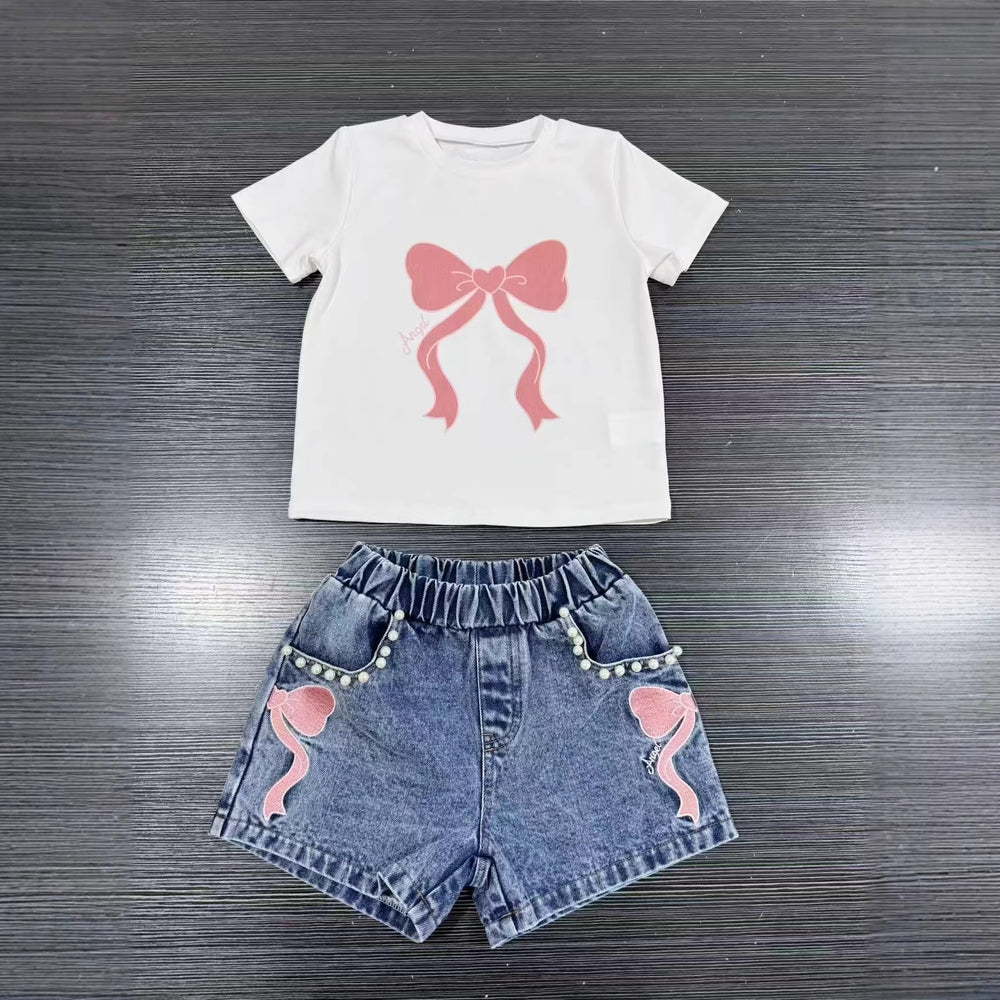 new cross-border girls' round neck printed knit top and denim beaded embroidered jeans two-piece set