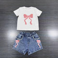 new cross-border girls' round neck printed knit top and denim beaded embroidered jeans two-piece set