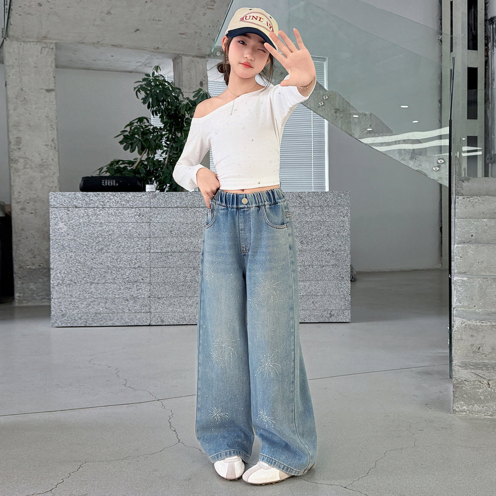 Girls' korean style rhinestone fireworks denim wide-leg pants - spring/autumn kids' high-waisted  new arrival - slimming straight-leg, stylish and trendy