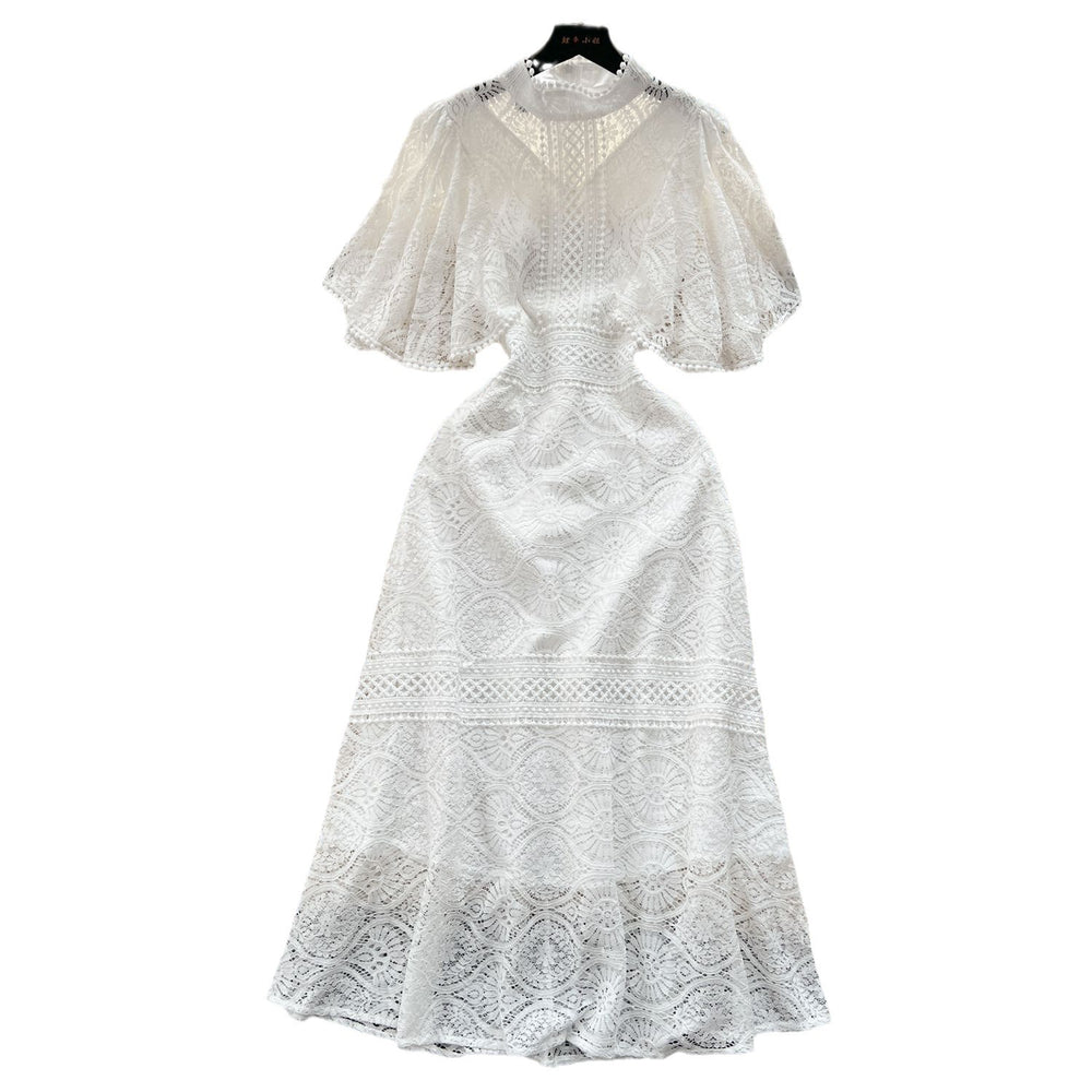 European style gold embroidered lace dress - women's summer a-line dress with delicate cutouts, ruffle sleeves, and a touch of luxury
