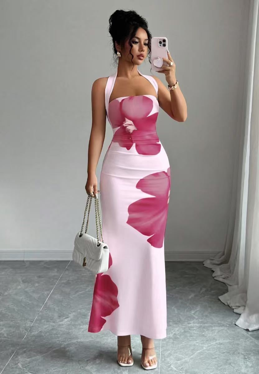 Ready-to-ship european and american  cross-border women's summer new arrival: elegant and sexy halter neck bodycon printed dress