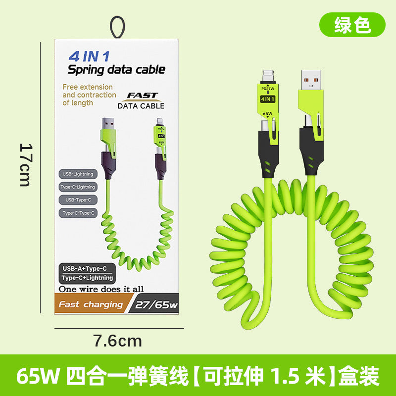 65w fast charging retractable coiled data cable, 2-in-1/4-in-1 car charger cable, compatible with apple and huawei fast charging