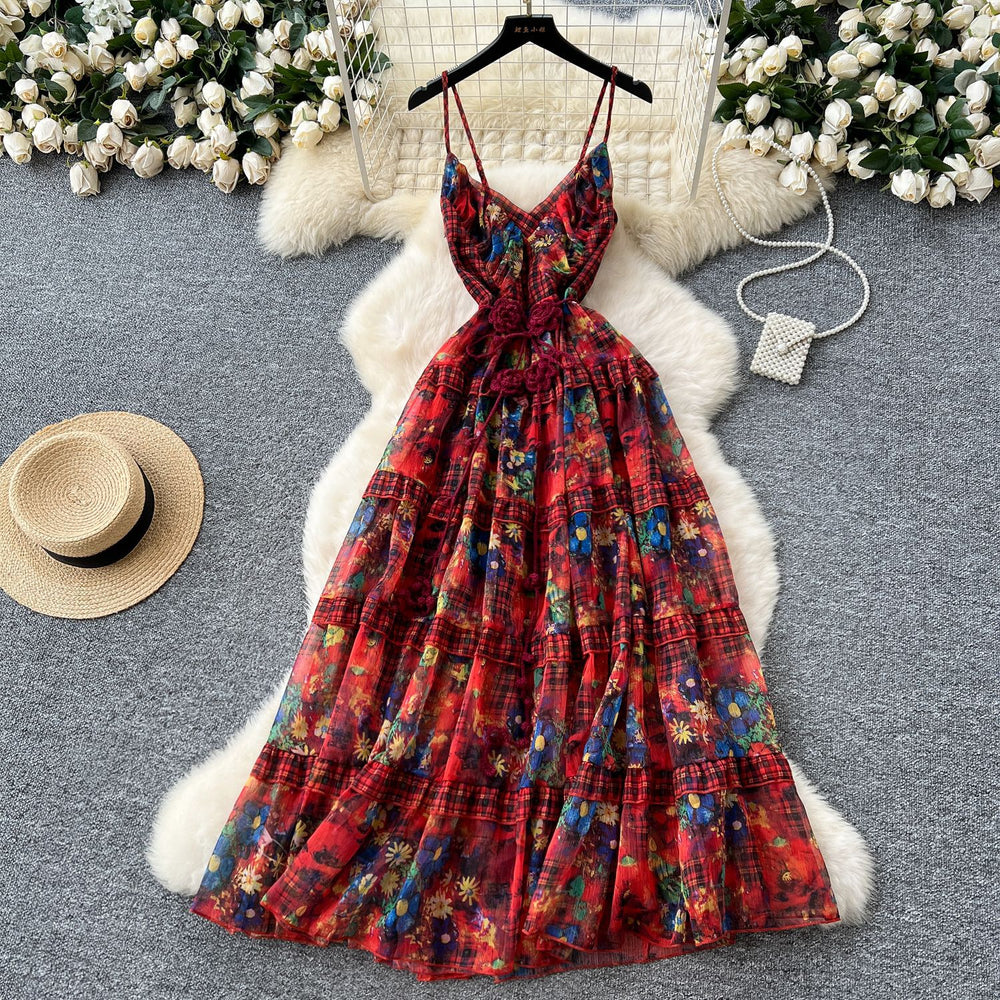 Luxury camisole dress for women -  summer collection: floral print, cinched waist, elegant, maxi length, french style