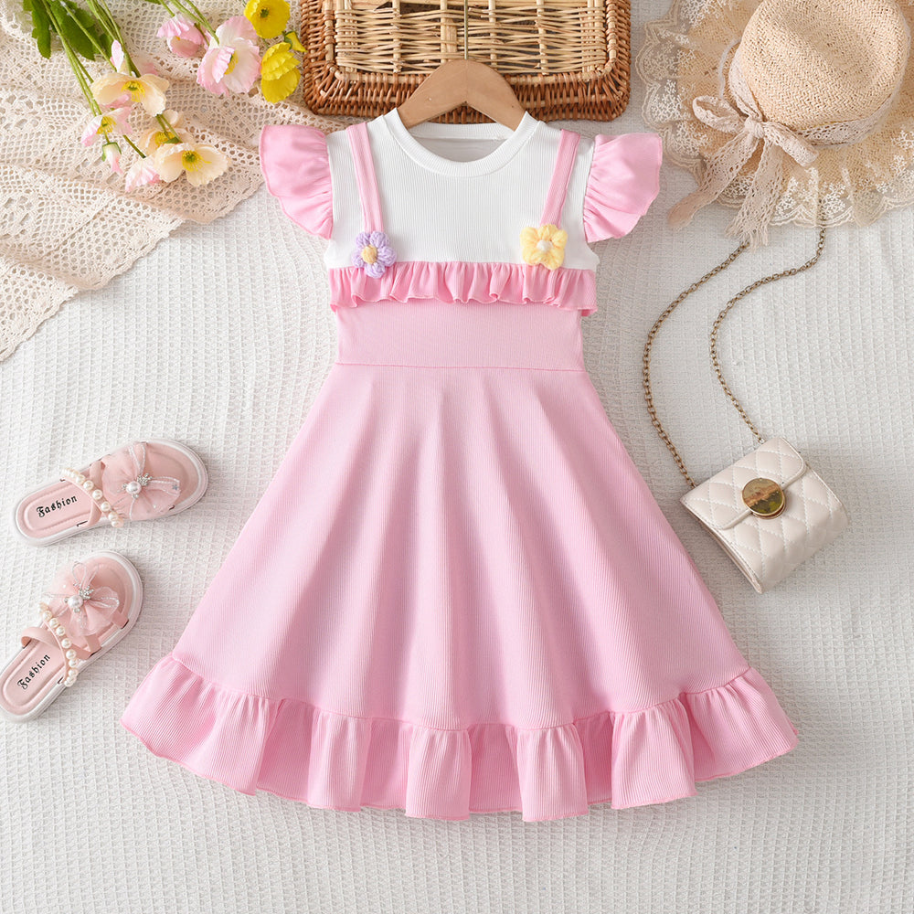Exportsummergirldressfake two-piece flying sleevesrufflesflowerspatchwork waist large skirt kids skirt