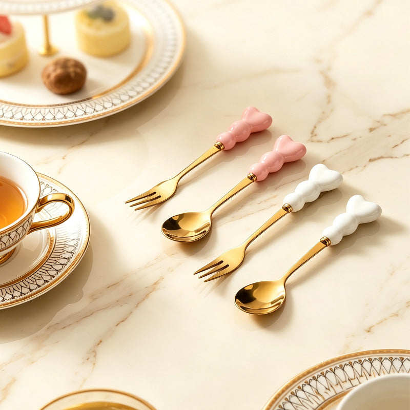 Sweetheart handle dessert fork spoon - girly, precise afternoon tea spoon, high-temperature resistant, thickened ceramic handle fruit fork