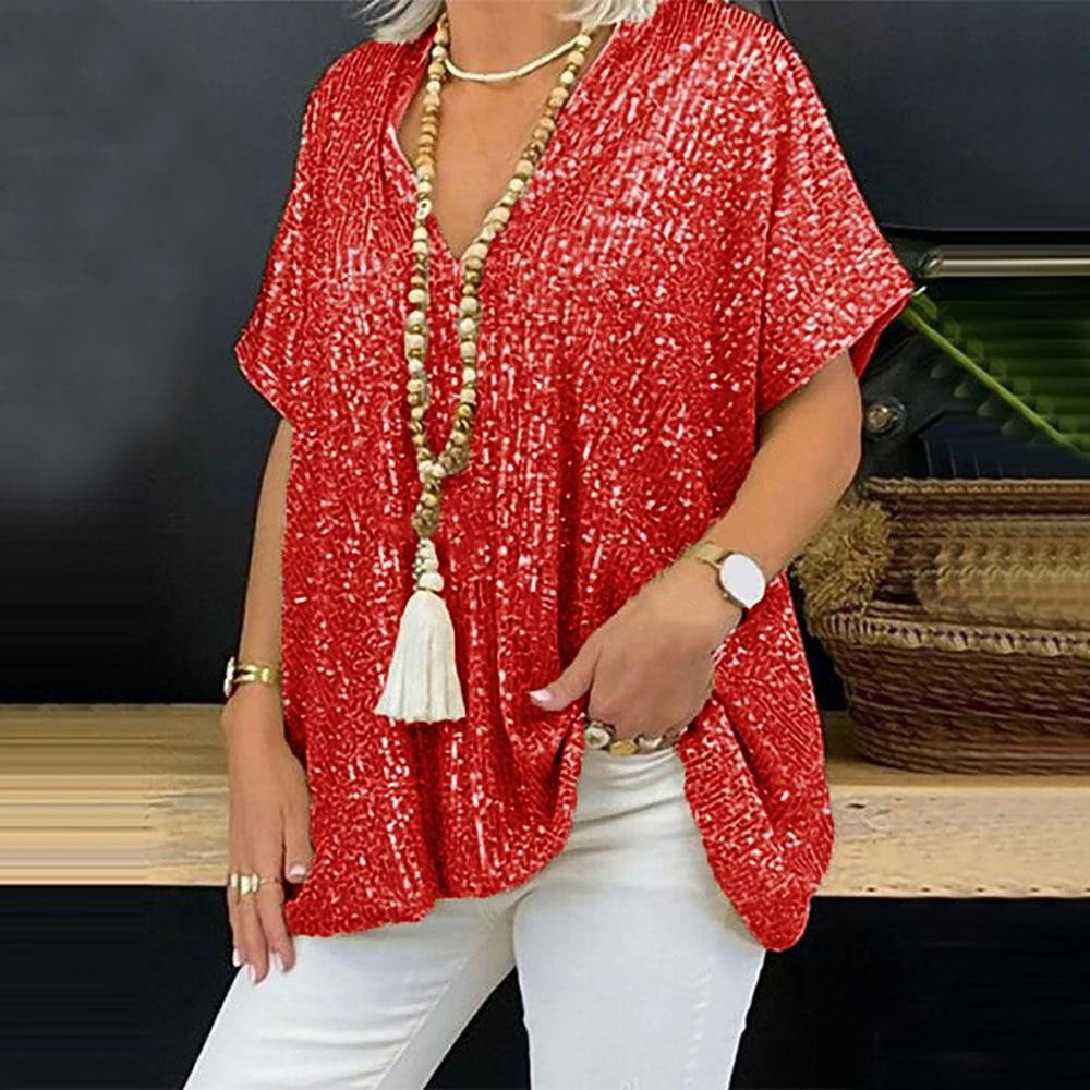new european and american  style short-sleeve urban casual loose fit pullover sequin v-neck t-shirt top for women