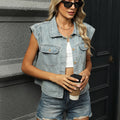 Fashion cross-border foreign trade summer new   washed flying sleeves lapel single breasted denim vest