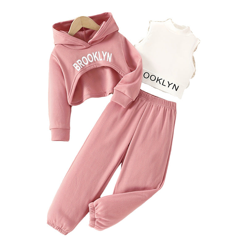 spring girls' casual three-piece set: pink hooded sweatshirt, high-neck tank top, letter print sweatshirt, and pants