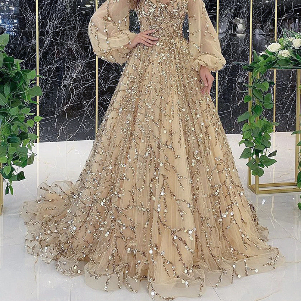 new cross-border gold heavy beaded luxury evening gown - sexy socialite queen long dress yq7109