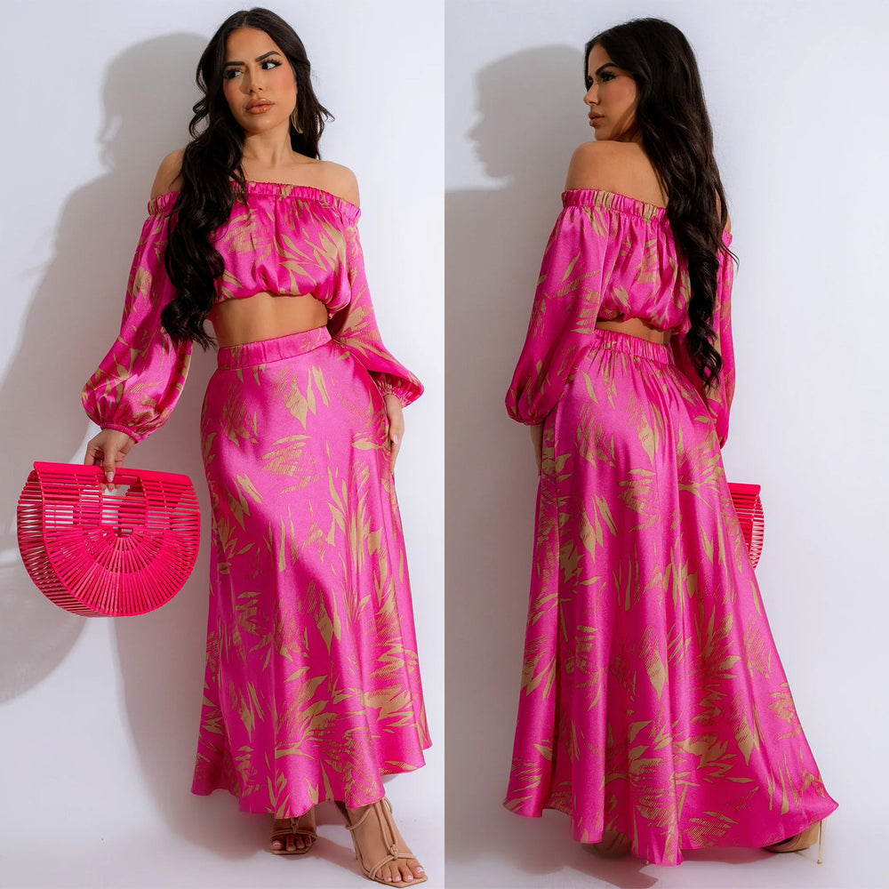 C6881 cross-border   fashion women's printed sexy long sleeve cropped maxi dress two-piece set