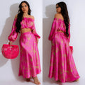 C6881 cross-border   fashion women's printed sexy long sleeve cropped maxi dress two-piece set