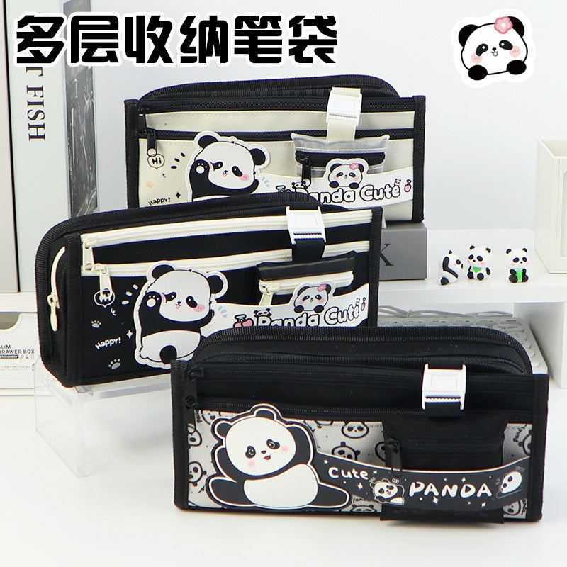 Cross-border panda pencil bag large capacity ins high value cute pencil case multi-layer stationery box primary school students stationery bag
