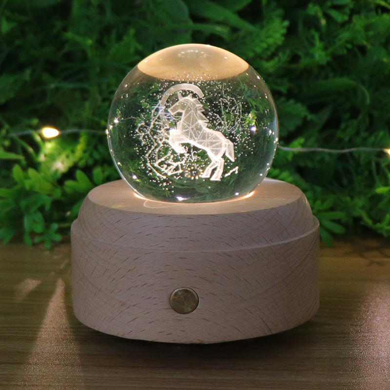 Touch dimming charging night light 3D crystal ball ambient light rotating music box bedroom ornament