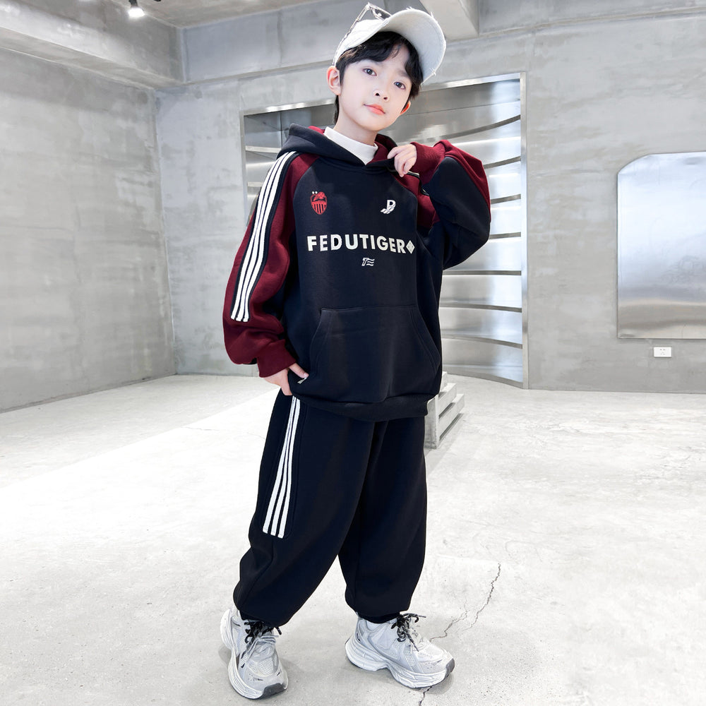 Boys' spring/autumn korean style color block hooded two-piece set -  new kids' spring activewear sweatshirt set