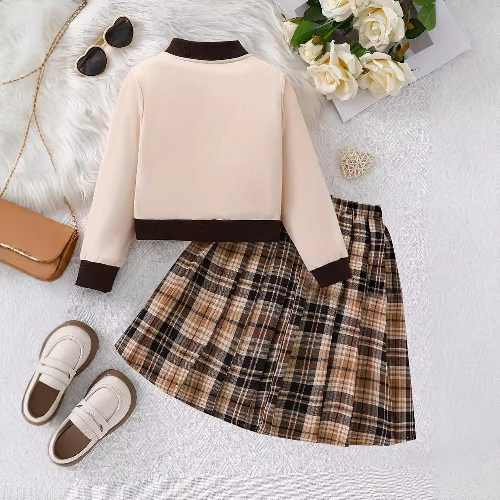 Girls' fall/winter baseball jacket & pleated plaid skirt set - cute bear embroidery, two-piece outfit for kids