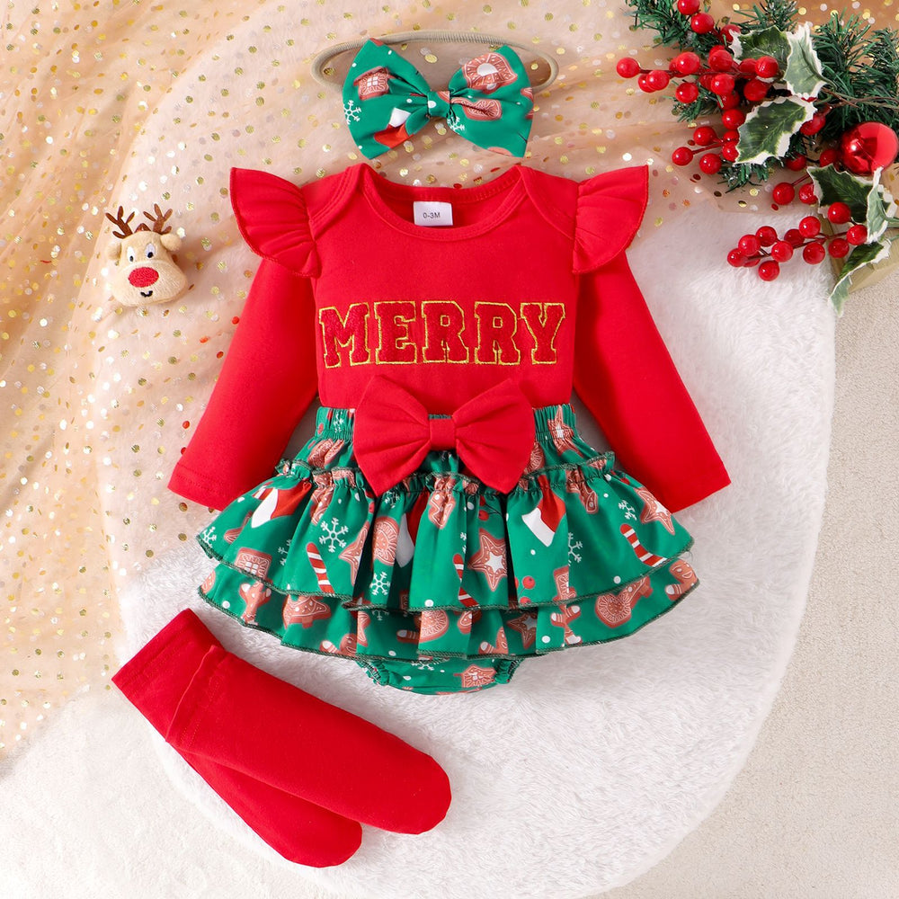 Long-sleeved jumpsuit fashionfall and winter infant and toddler pit sleeves letterprinting christmas plaidprinting skirt khaki