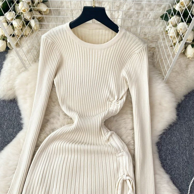 Vintage chic french tea dress: drawstring tie, unique design, slim waist, fishtail knit dress for women